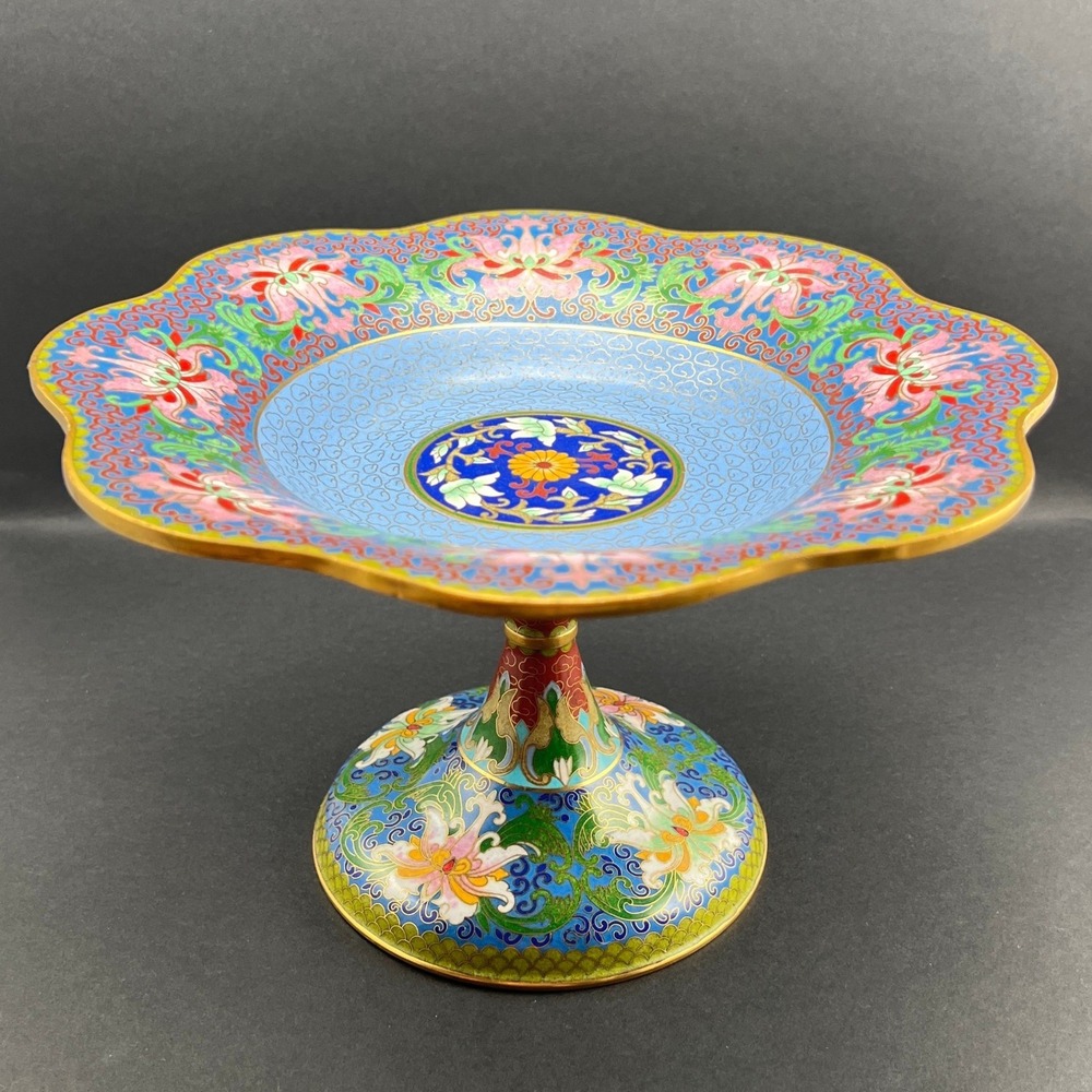Vintage Cloisonne Footed Compote Dish Blue Floral Scalloped 10"